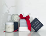 clean skincare image of radiant skincare bundle tied with a red ribbon bow. Best gift gift idea for her 2024. 