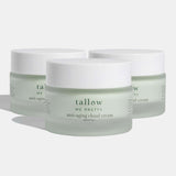 Three pack of Tallow Me Pretty's anti-aging tallow cloud cream on a white background with slight shadows. 