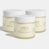 Three jars of Tallow Me Pretty Firming Body Cloud Cream aligned in a row, showcasing the elegant and minimalistic design of the packaging that encases the luxurious, skin-firming cream within. smooth and firm the skin.