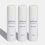 A three pack bundle on a white background of Tallow Me Pretty's Rescue Balm stick. Enriched with tallow and olive oil to deeply nourish and support the skin's  barrier.
Tea tree & rosemary oils calm irritation & promote healing. travel-friendly stick made with organic, toxin-free ingredients for clean, effective skincare anytime.